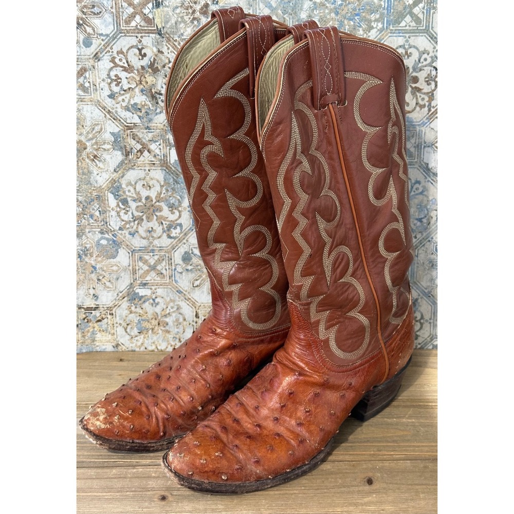 VTG El Rey Tony Lama Ostrich Full Quill Western Cowboy Boots Mens 8 Brown